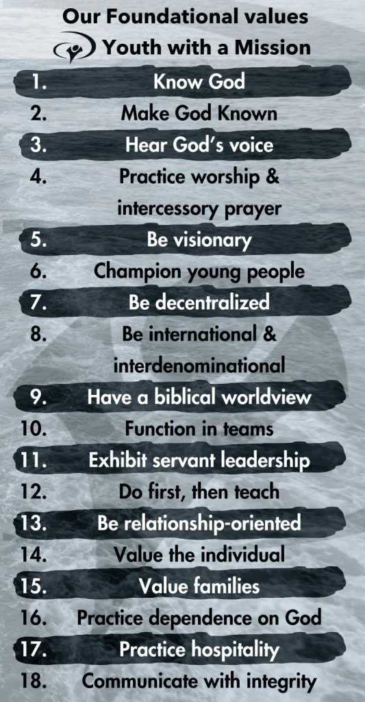 The 18 foundational values of Youth with a Mission